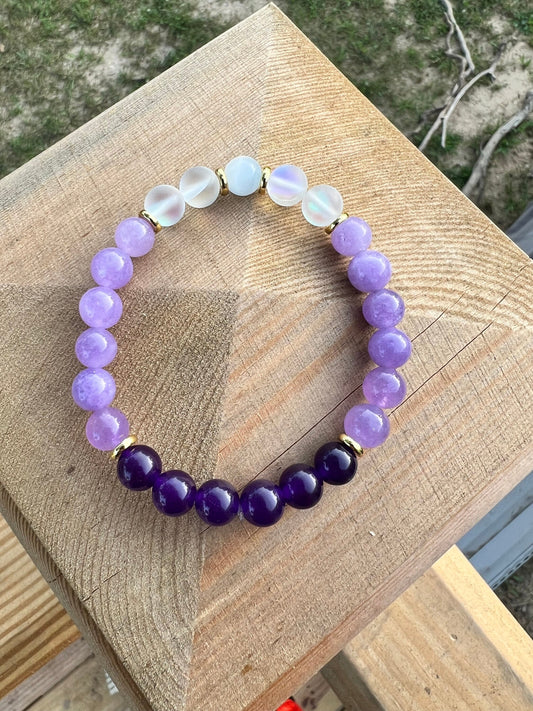 Purple Sunrise, Purple Jade, Purple Crystal, Moonstone, White Cat Eye Bracelet (8mm)