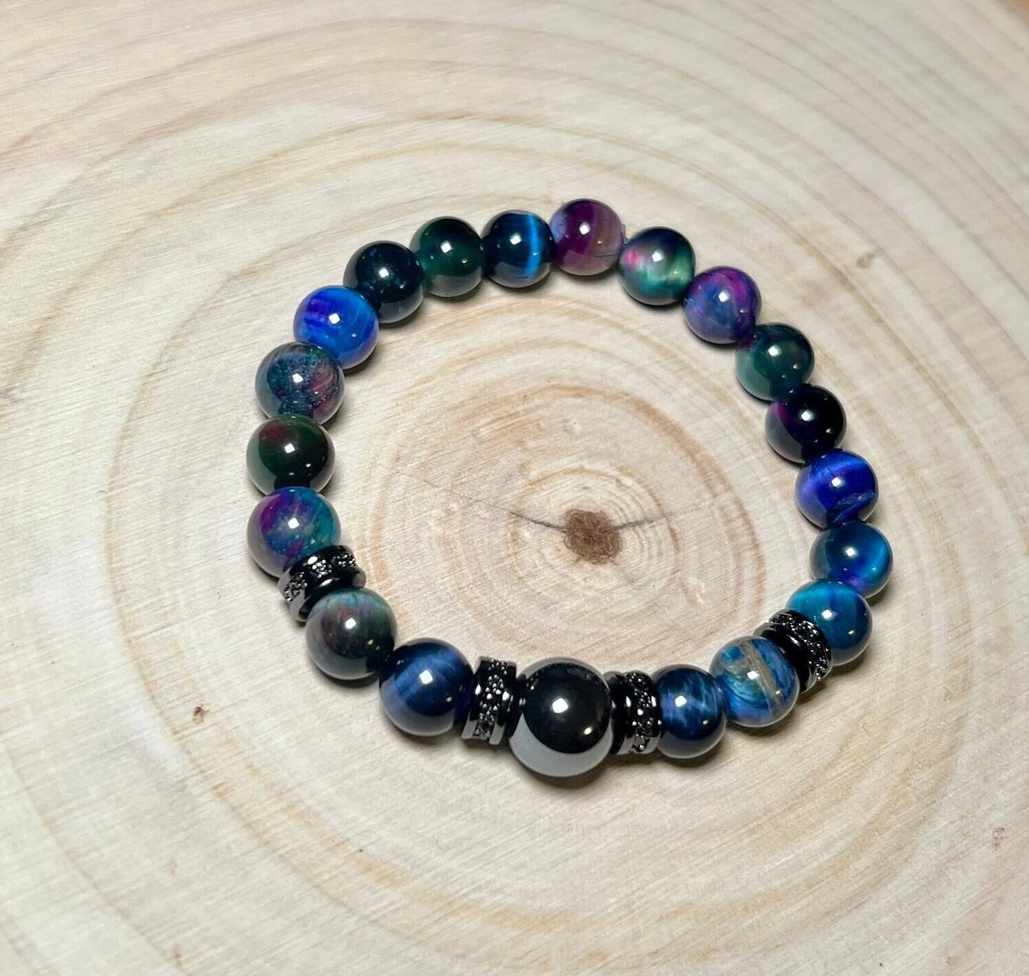 Aurora Tiger Eye (Galaxy), 10mm Grey Hematite Bracelet (8mm)
