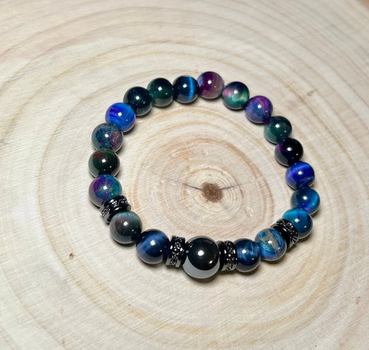 Aurora Tiger Eye (Galaxy), 10mm Grey Hematite Bracelet (8mm)